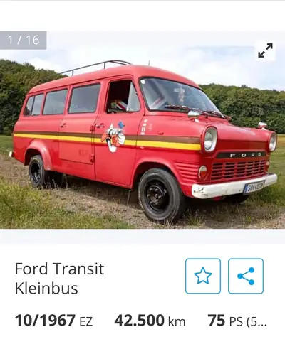 Ford Transit KLF 1969 — Minibus vintage rouge, kilométrage faible et authentique — Außenansicht
