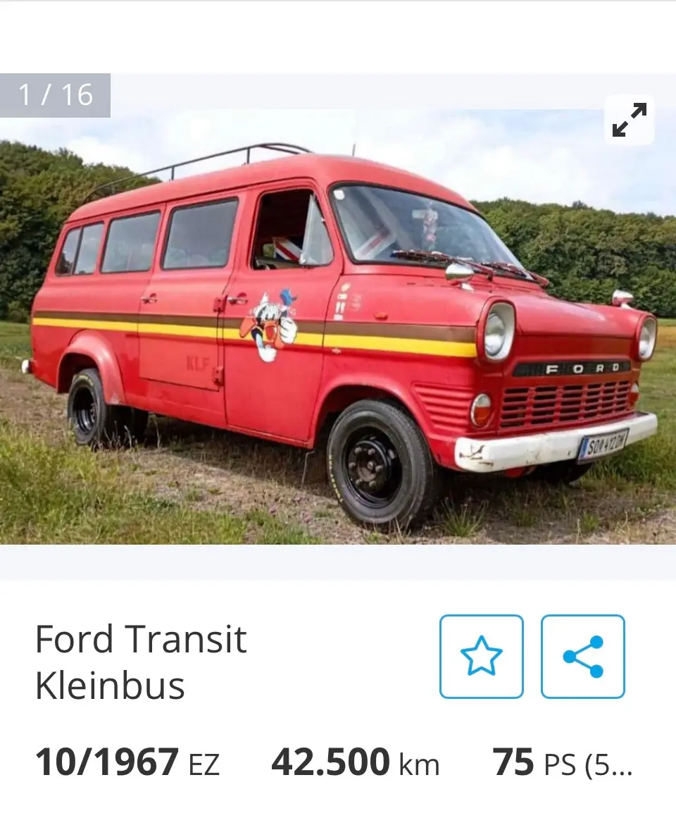 Ford Transit KLF 1969 — Minibus vintage rouge, kilométrage faible et authentique — Außenansicht