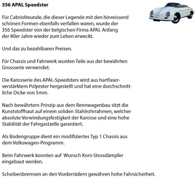 Porsche 356 Speedster APAL Replica — Légende cabriolet des années 1980, véhicule vétéran authentique — côté