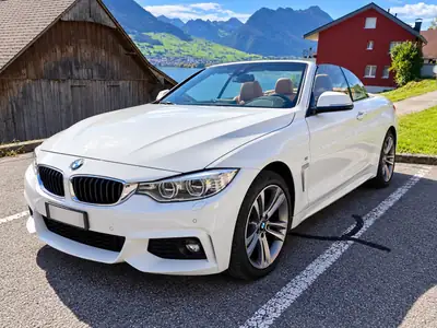 BMW 430i Cabriolet xDrive M Sport — Décapotable sportive, toit ouvert, Alpine blanc — Außenansicht