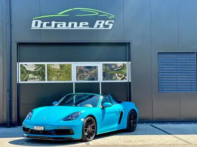 Porsche 718 Boxster GTS 2.5 PDK — Cabriolet sportif Miami Blue, 65'000 km — vue extérieure