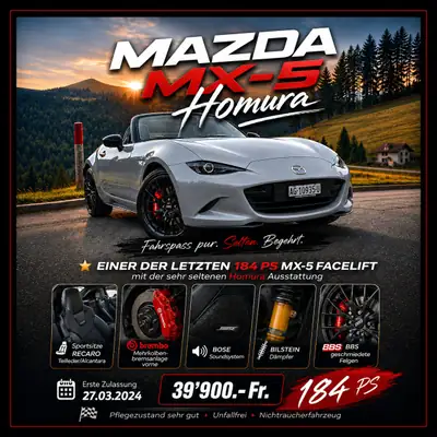 Mazda MX-5 2.0 Liter 184 PS Homura — Roadster cabriolet sportif, entretien complet — Außenansicht