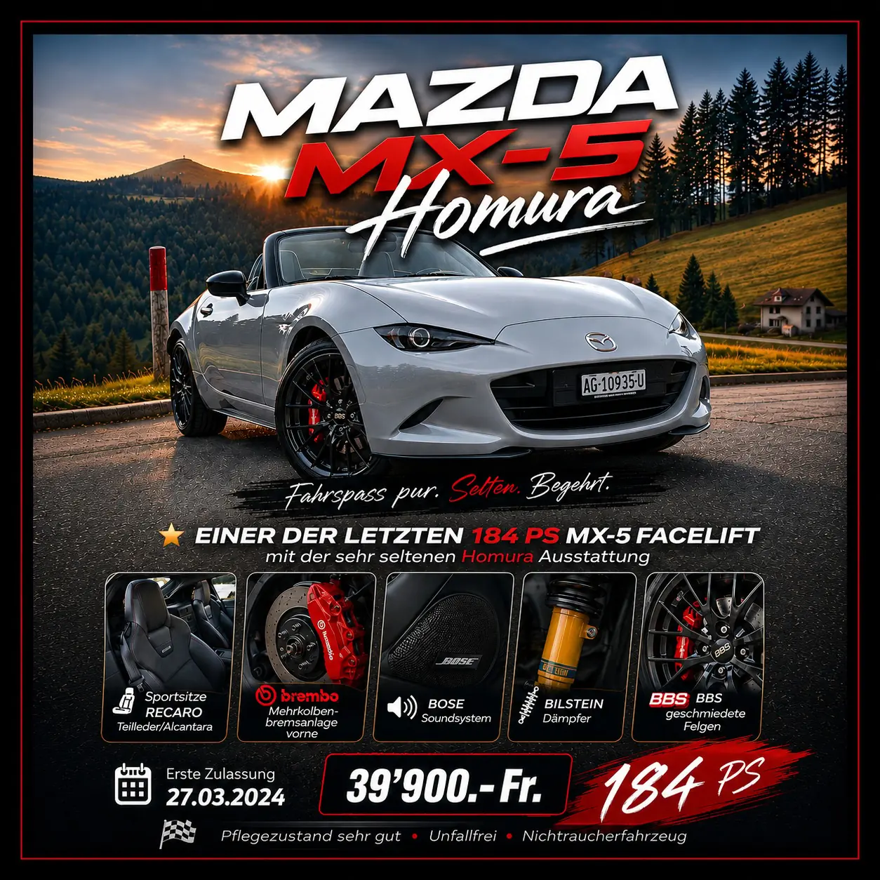 Mazda MX-5 2.0 Liter 184 PS Homura — Roadster cabriolet sportif, entretien complet