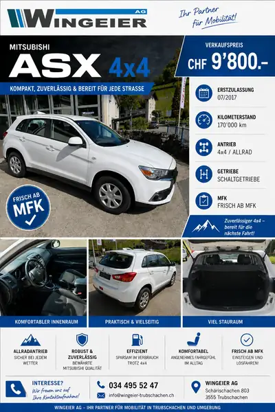 Mitsubishi ASX 1.6 DID Pure 4x4 — SUV compact diesel robuste, 170'000 km — vue extérieure