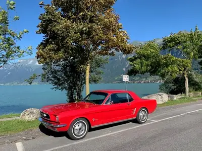 Ford Mustang 1965 — Légende américaine, coupé iconique rouge et noir — Heckansicht