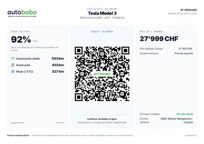 Tesla Model 3 Performance Dual Motor AWD — Électrique haute performance, batterie 92%, garantie jusqu'en 2029 — arrière