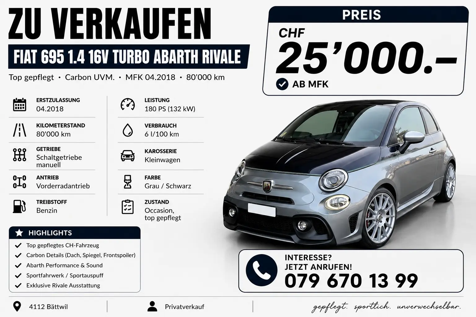Fiat 595 Abarth Rivale — Sportive italienne authentique, 80'000 km, sans accident