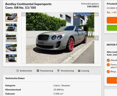 Bentley Continental Cabriolet ISR Supersport — Édition limitée 12 cylindres, seulement 100 exemplaires — vue extérieure