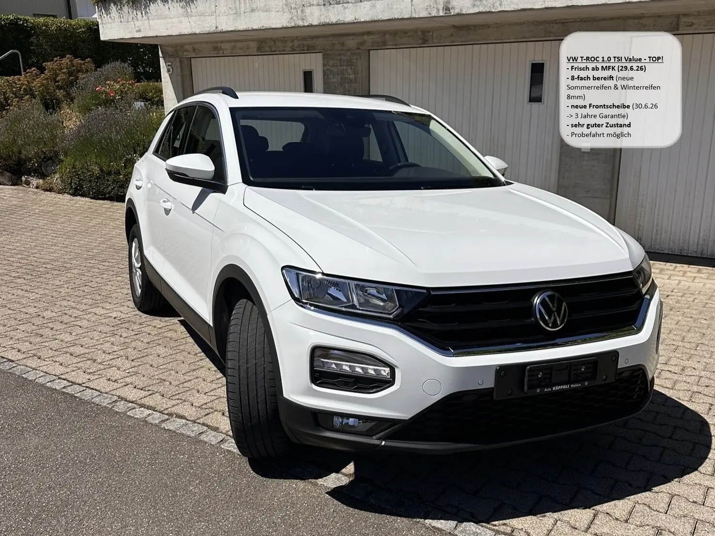 VW T-Roc 2021 — SUV compact blanc bien entretenu, frelaté MFK + pneus neufs — Außenansicht