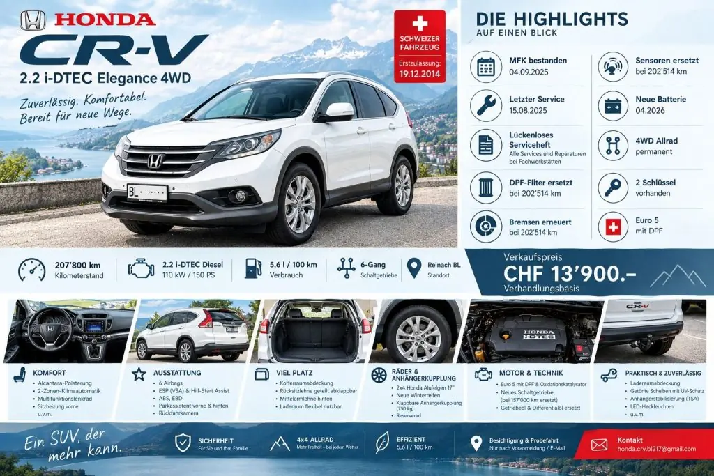 Honda CR-V 2.2 i-DTEC 4WD — SUV fiable, entretien complet, prêt à l'aventure — vue extérieure